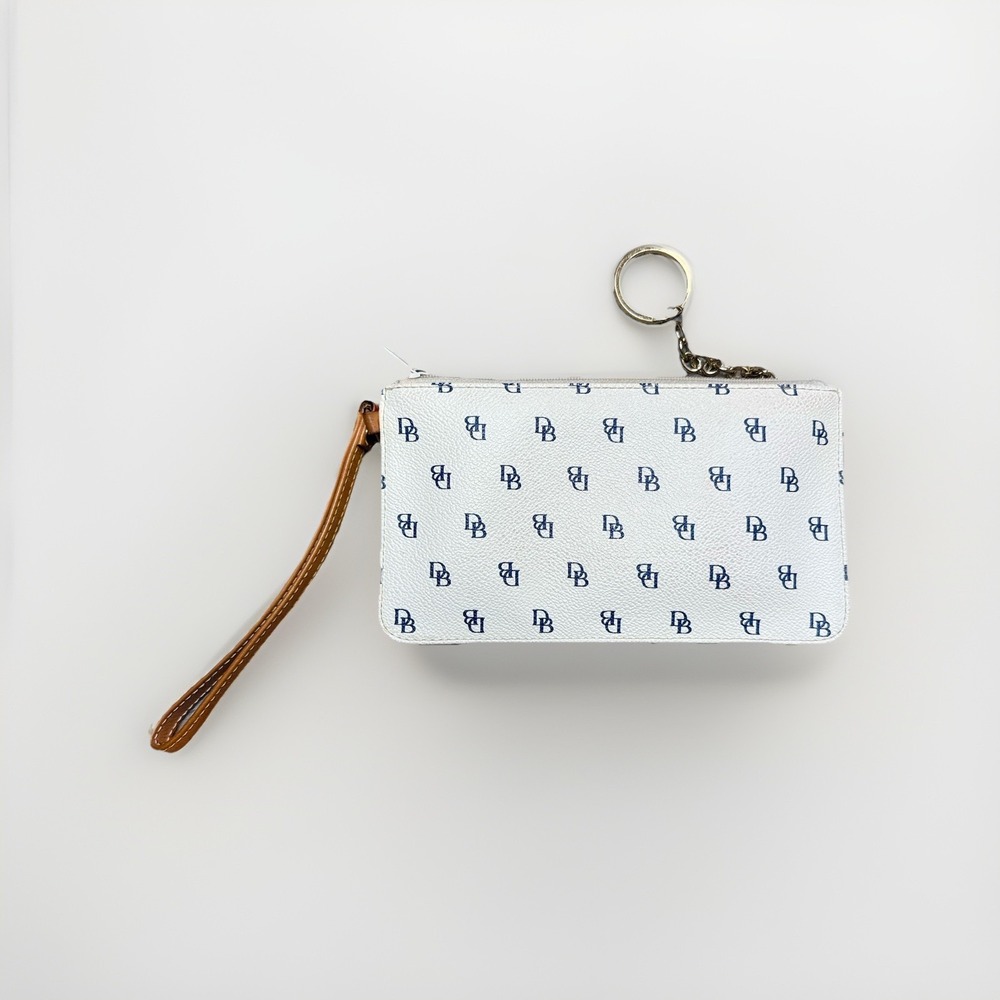 Dooney & Bourke Monogram Coated Canvas Wristlet White Blue Tan Leather Strap $98 - Picture 2 of 8